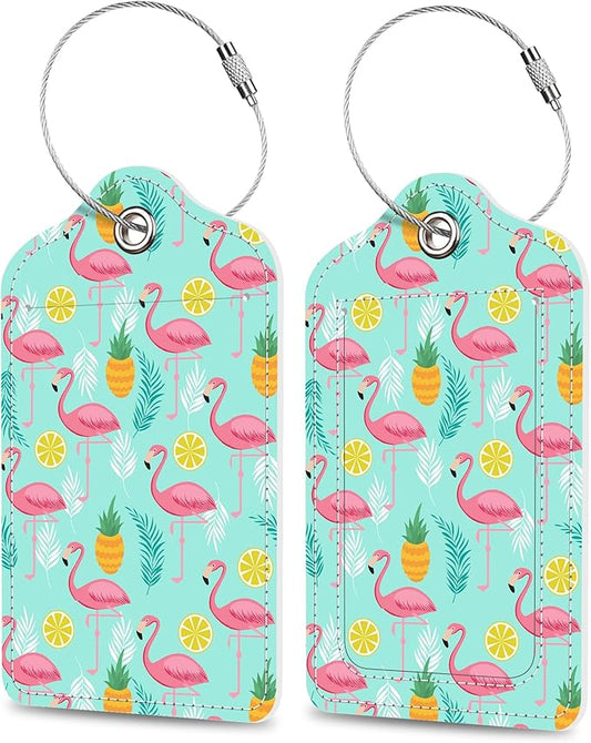 Luggage Tags for Suitcase Flamingo Pineapples and Exotic Leaves 2 PCS Leather Travel Cruise Luggage Tag with Stainless Steel Loop Name ID Label Privacy Cover for Women Men Travel Bag Labels Set