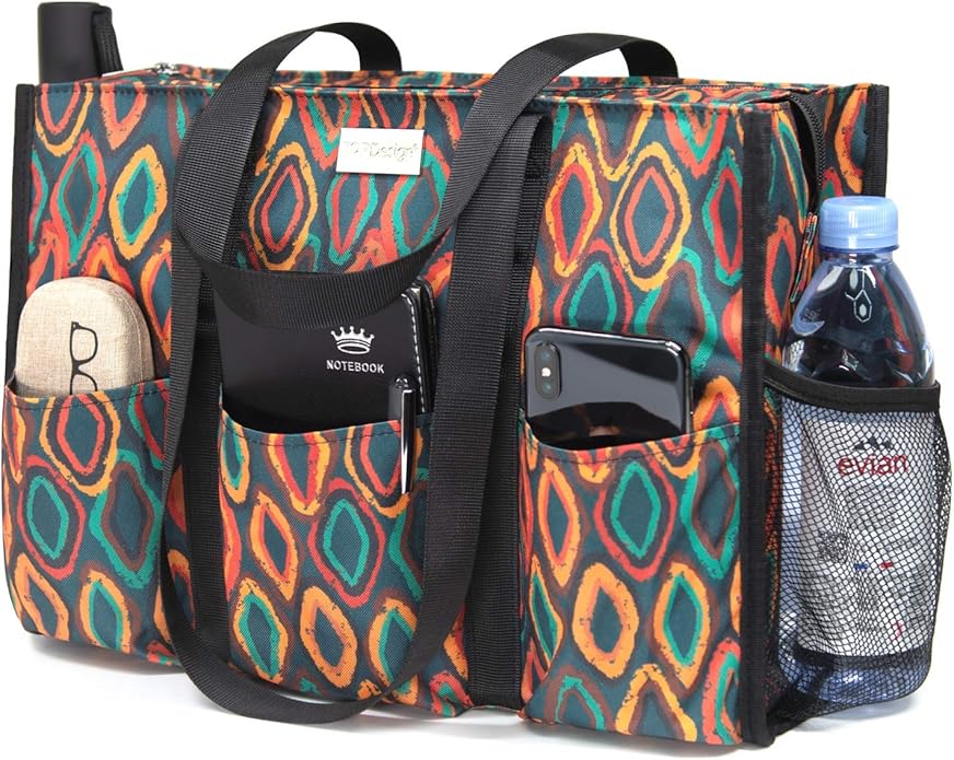 TOPDesign Utility Water Resistant Tote Bag with 13 Pockets, Top Zipper Closure & Thick Bottom Support, for Working Women