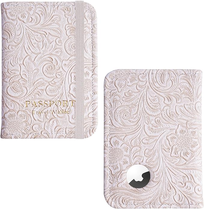 lizimandu Passport Holder with Airtag Slot, Airtag Passport Wallet for Men Women, Slim Leather Passport Holder Case Family for Travel Anti-Lost(1-Carved White)