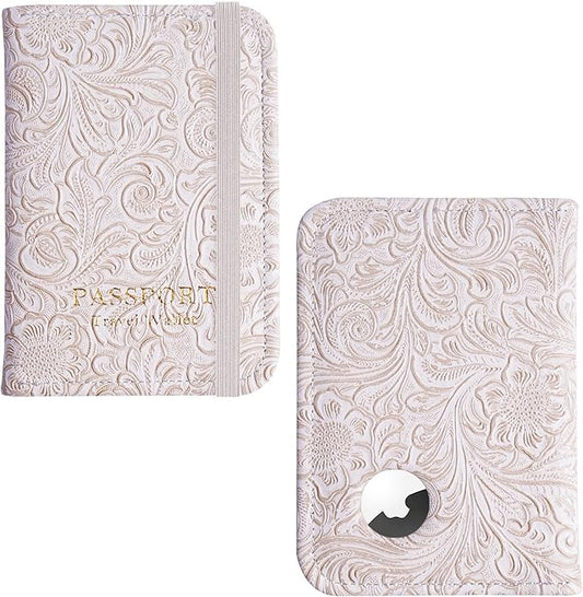 lizimandu Passport Holder with Airtag Slot, Airtag Passport Wallet for Men Women, Slim Leather Passport Holder Case Family for Travel Anti-Lost(1-Carved White)
