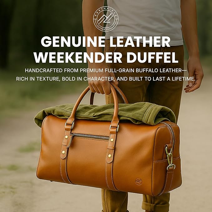 Premium Full-Grain Leather Duffle Bag for Men & Women | 24-Inch Handcrafted Weekender Travel Bag with Multiple Pockets & Compartments by Northridge Leather (Tan)