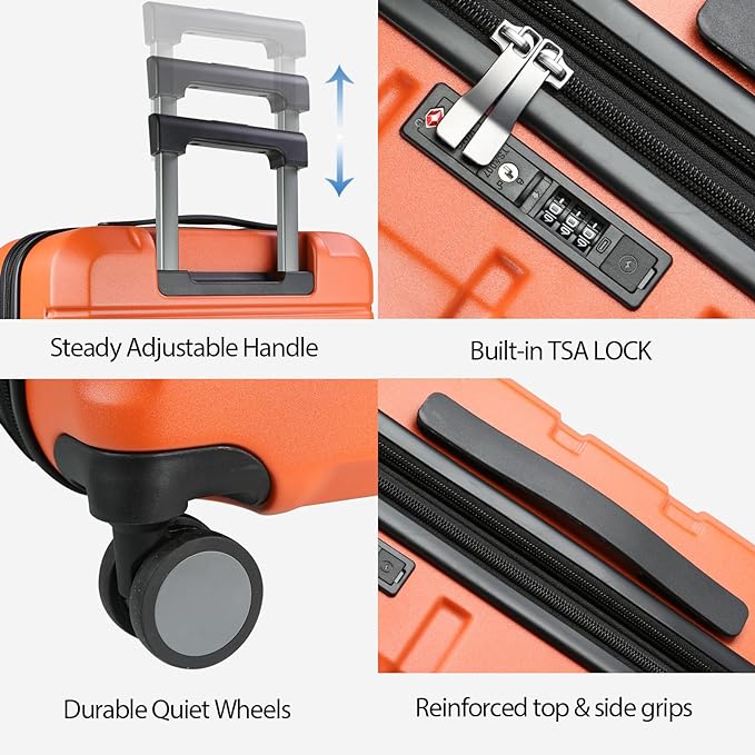 KROSER Hardside Expandable Carry On Luggage with Spinner Wheels & Built-in TSA Lock, Durable Suitcase Rolling Luggage with USB Port, Carry-On 20-Inch Orange