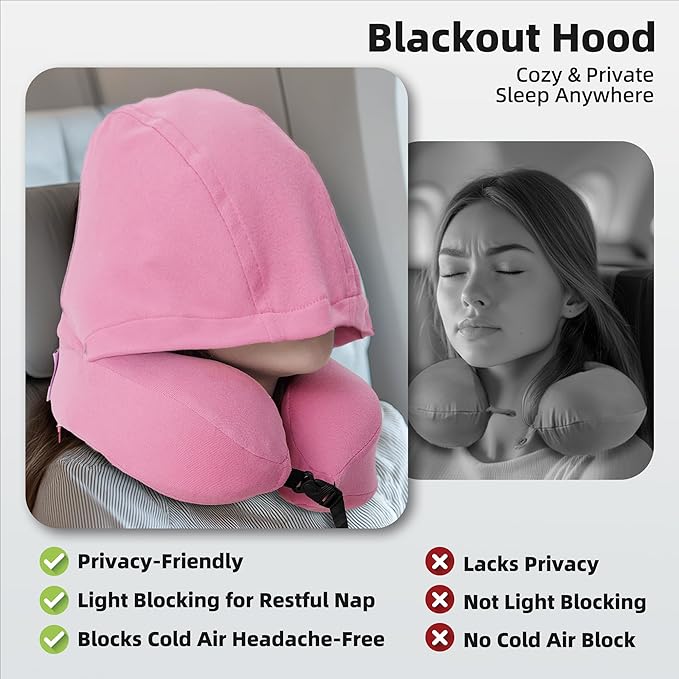 Privacy-Friendly Hooded Travel Pillow for Kids & Adults, Sensory-Friendly, Memory Foam Neck Support for Airplane, Car & Train, Breathable Fabric, Portable, Ultimate Comfort