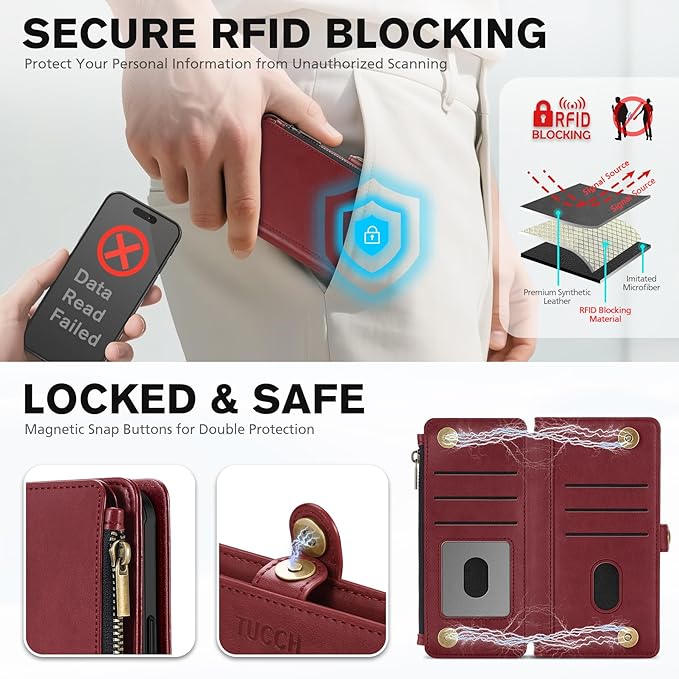 TUCCH Detachable Crossbody Case Wallet for iPhone 17 Pro Max 6.9", Wireless Charging | RFID Blocking 10 Card Holder | Lanyard Wrist Strap | Stand | Zipper Pocket | PU Leather Magnetic Cover | Dark Red