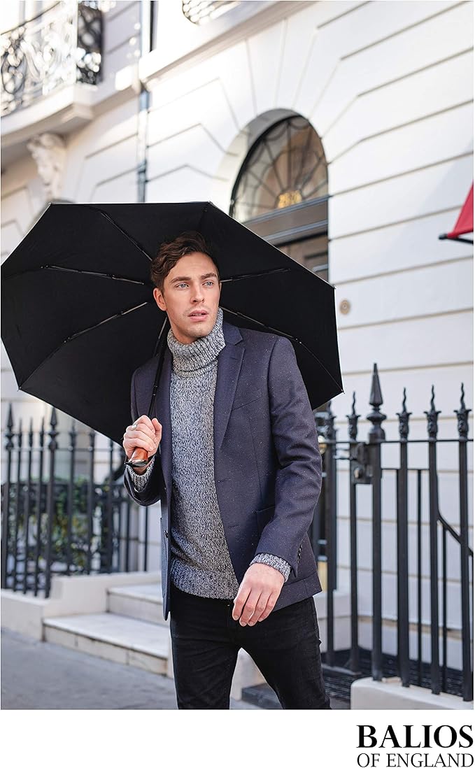Balios (Designed in UK) Travel Umbrella Luxurious Golden Hardwood Handle Auto Open & Close Windproof Frame Single Canopy Automatic Folding Umbrella Men's & Ladies
