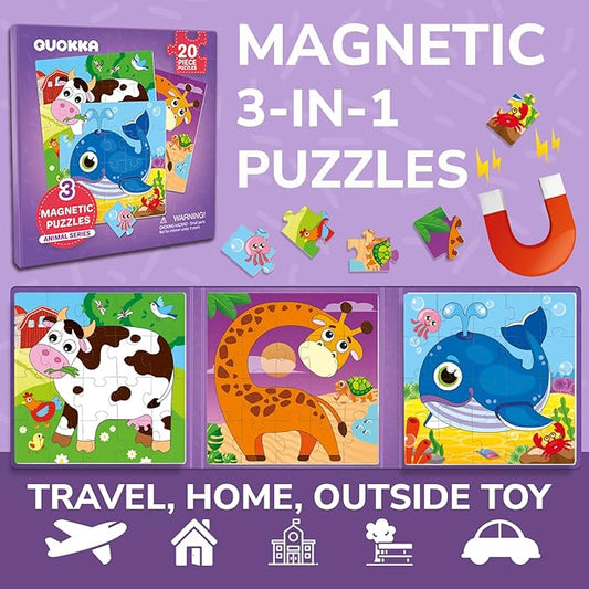 QUOKKA Magnetic Toddler Puzzles Ages 2-4 - 20 Pieces Kids Puzzles Ages 3-5 - Travel Games for Kids 4-6 - Animal Toddler Travel Toys - Car Airplane Road Trip Activities for Boys and Girls