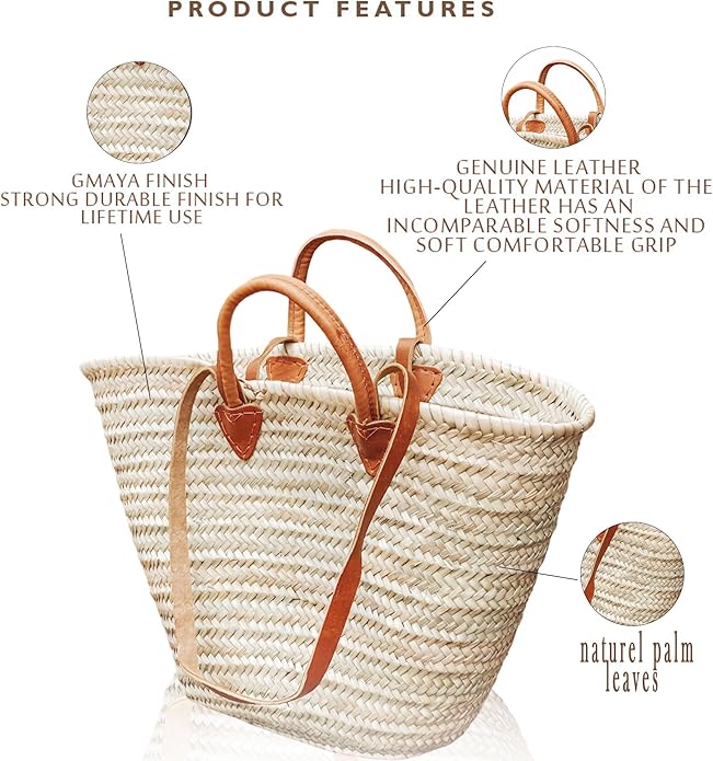 French Basket with Double Flat Leather Handles – Straw Tote, Beach Bag, Wicker Shopping Basket, Handmade Market Basket