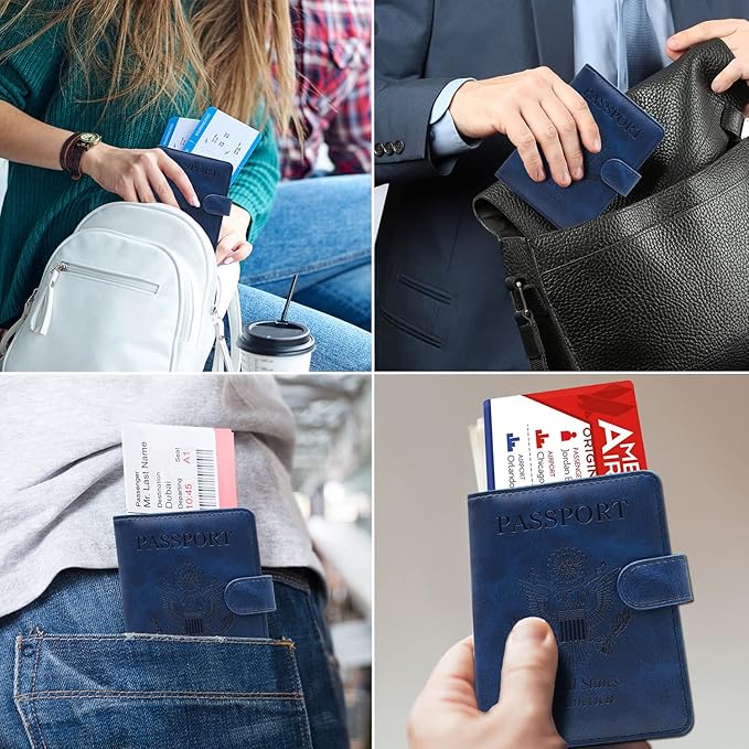 RSAquar Passport Holder for Women and Men, Premium PU Leather Travel Passport Wallet RFID Blocking Passport Cover Travel Documents Organizer with Pen Holder, Blue#2