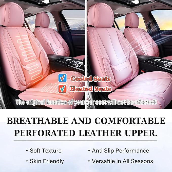 Coverado Car Seat Covers Full Set, Seat Covers for Cars, Pink Car Seat Protector Waterproof, Nappa Leather Car Seat Cushion, Car Seat Covers Front Seats and Back Fit for Most Cars