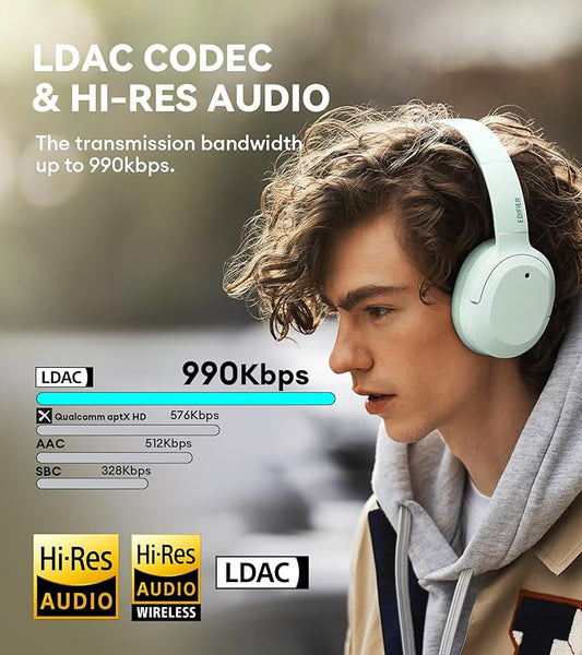 Edifier W820NB Plus Hybrid Active Noise Cancelling Headphones - LDAC Codec - Hi-Res Audio Wireless & Wired - Fast Charge - 49H Playtime - Over Ear Bluetooth V5.2 Headphones- Green
