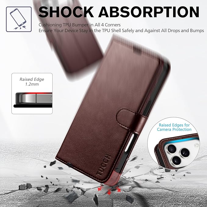 TUCCH Wallet Case for iPhone 17 Pro (6.3-Inch) 2025, 4 Card Holders, RFID Blocking, Stand, Shockproof TPU Shell, PU Leather, Magnetic Closure, Protective Flip Folio Cover, Chocolate Brown