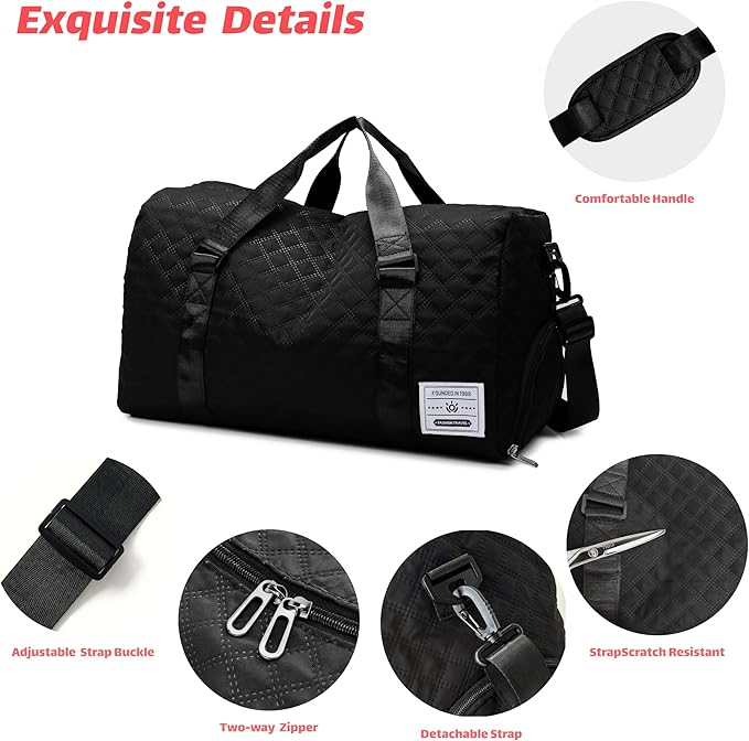 Large Foldable Gym Bag with Shoes Compartment&Wet Pocket,Hospital Bag for Women Labor Delivery,Carry On Overnight,Duffle Bags for Travel,Dance,Cheer,Yoga (Black)