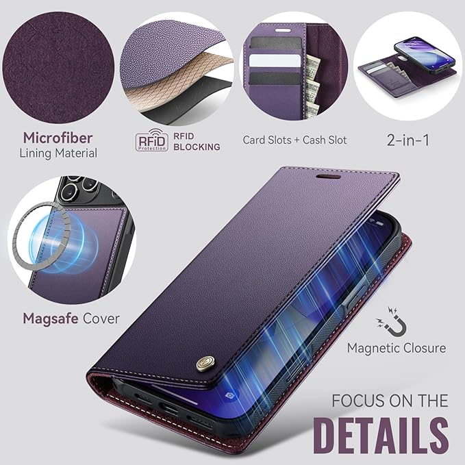 PlusnapX Wallet Case for iPhone 17 Pro Compatible with Magsafe, 2-in-1 PU Leather Flip RFID Blocking Card Holder Stand Shockproof Magnetic Detachable Cover for iPhone 17 Pro Case 6.3", Fashion Purple