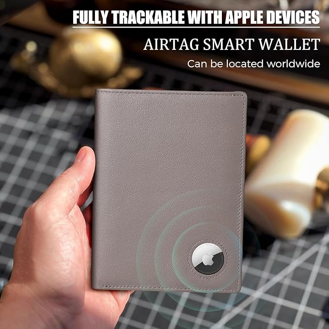 Polare Luxury RFID Blocking Leather Passport Holder Travel Wallet For Men and Women (Grey with AirTag Slot)