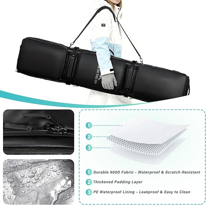 Ski Bag with Wheels, Extendable Snowboard Bag, Waterproof 900D Ski Bags for Air Travel, Padded Snowboard Bag with Backpack & Shoulder Strap
