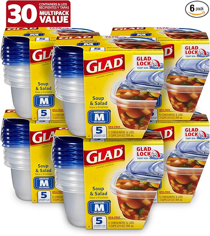 Glad Soup & Salad Food Storage Containers, Medium Rectangle (24 Oz) - (Pack of 6, 30 Count) | Strong and Durable Food Containers from Glad for Everyday Use | 24 Oz Food Storage Containers