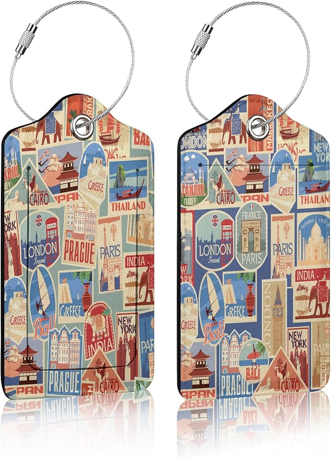2 Pack Luggage Tag for Suitcase,City Travel Stamps Luggage Tag with PU Leather Privacy Cover ID Label & Stainless Steel Loop for Women Men Travel Bag Suitcase