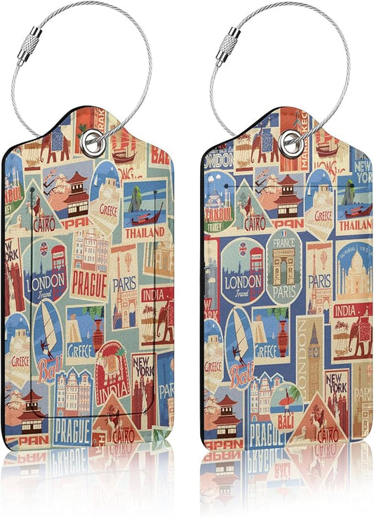 2 Pack Luggage Tag for Suitcase,City Travel Stamps Luggage Tag with PU Leather Privacy Cover ID Label & Stainless Steel Loop for Women Men Travel Bag Suitcase