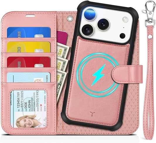 TUCCH 2-in-1 Detachable Wallet Case for iPhone 17 Pro (6.3-inch) 2025, RFID Blocking 4 Card Slots, Wireless Charging, Wrist Strap, Kickstand, Magnetic, PU Leather, Protective Flip Cover, Rose Gold