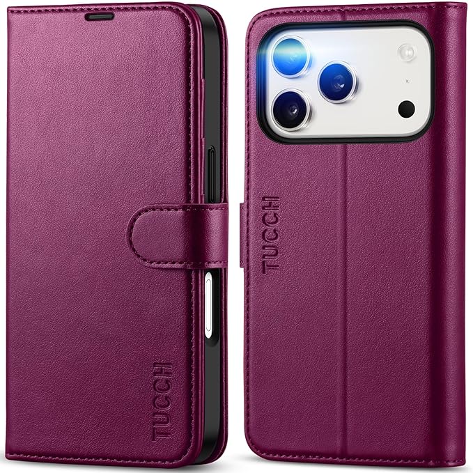 TUCCH Wallet Case for iPhone 17 Pro (6.3") 2025, RFID Blocking 4 Card Holders | Kickstand | Shockproof TPU Shell | PU Leather | Magnetic Closure | Protective Flip Folio Cover | Plum Purple