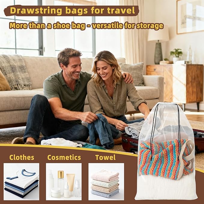 100 Pack Clear Shoe Bags for Travel, 12"x18" Large Travel Shoe Bags for Storage and Packing, Waterproof Drawstring Shoe Bag for Traveling, Bulk Travel Essentials for Men and Women