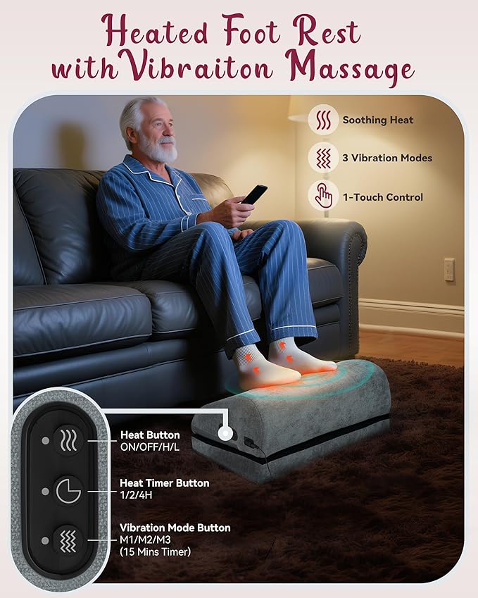 Heated Foot Rest for Under Desk at Work, Foot Stool with Vibration Massage, 2 Heat Levels, Adjustable Height, Ergonomic Memory Foam Feet Warmer Heater Footrest Under Desk for Gaming & Office Home