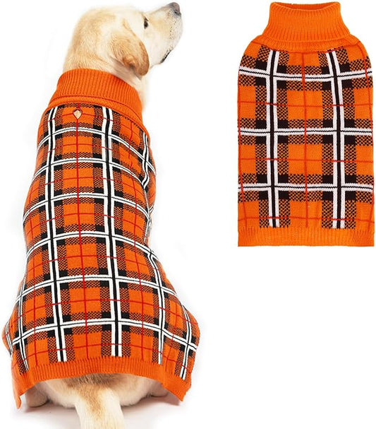 PUPTECK Dog Sweaters for Large Medium Small Dogs - Fall Classic Plaid Style Puppy Holiday Winter Coat Clothes Warm, Reddish Orange, L