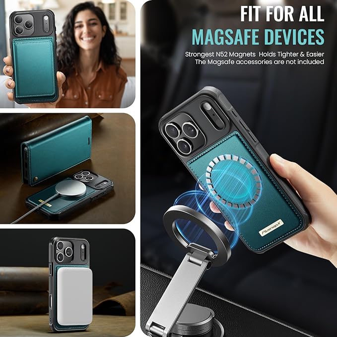 PlusnapX Wallet Case for iPhone 17 Pro Compatible with Magsafe, 2-in-1 PU Leather Flip RFID Blocking Card Holder Stand Shockproof Magnetic Detachable Cover for iPhone 17 Pro Case 6.3", Bluegreen