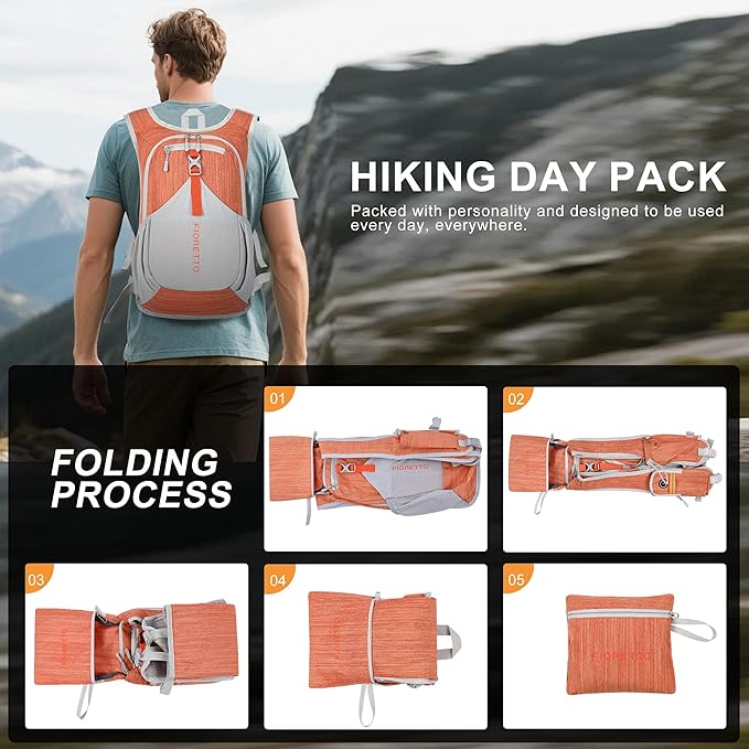 FIORETTO 20L Hiking Backpack for Women Men Mini Packable Backpack Lightweight Small Daypack for Camping Travel Outdoor, Orange