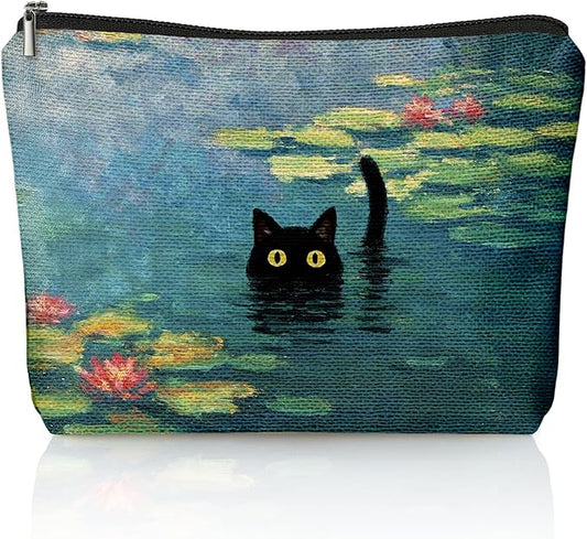 Black Cat Makeup Bag, Black Cat Mom Lovers Lady Gifts Cosmetic Bag for Women, Pet Lover Gifts, Impressionist Whimsical Waterlily Kitten Small Toiletry Bags Zipper Makeup Pouch