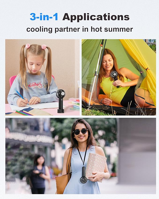 Coohea 2-Pack Pink & Black Handheld Fan, Small Cute Design, 3 Powerful Speeds, Operated by USB/Rechargeable Battery, Portable Personal Fan with Base & Lanyard, for Eyelash Makeup Travel Beach Desk