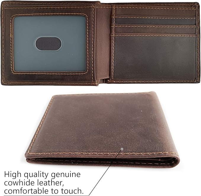 LnxLtw Men's Slim Front Pocket Bifold Wallets Full Grain Leather RFID Blocking with ID Window & Gift Box, Simple Design Minimalist Picture Holder for Men (Coffee)