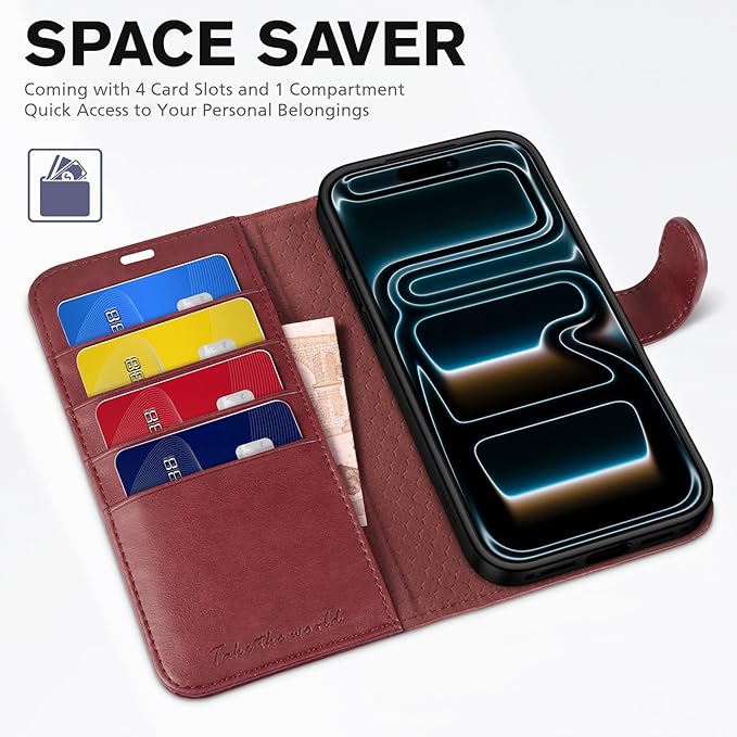 TUCCH Case Wallet for iPhone 17 Pro Max (6.9") 2025, Stand | RFID Blocking | 4 Card Holders | TPU Shockproof Inner Shell | PU Leather | Magnetic Closure Folio Protective Cover | Dark Red