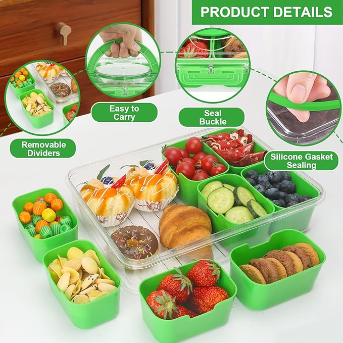 shopwithgreen Snackle Box Charcuterie Container, Divided Serving Tray with Lid and Handle for Party, Veggies, Fruit, Nuts, Food Tray Platter Snack Box Container for Entertaining, Picnic, Green