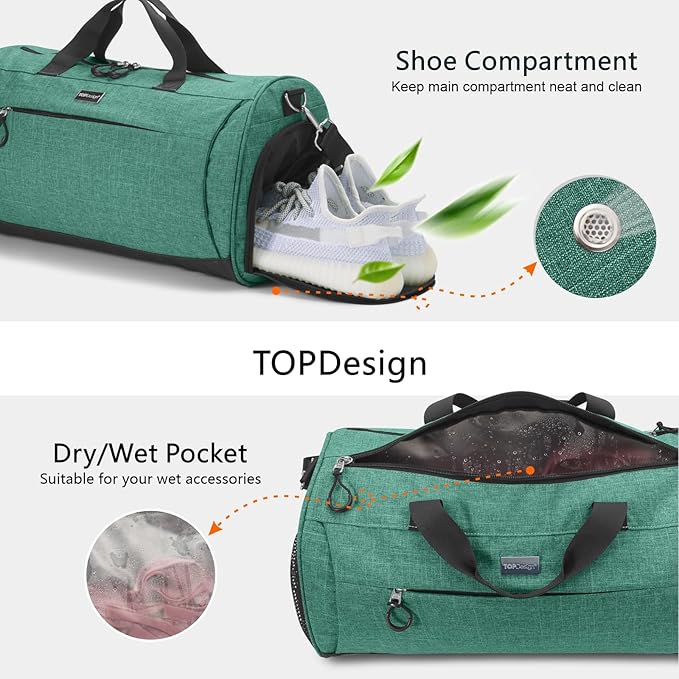 TOPDesign Gym Bag for Women & Men, Unisex Duffel Bag with Shoe Compartment & Wet Pocket for Travel Sports Gym (L Textured Green)