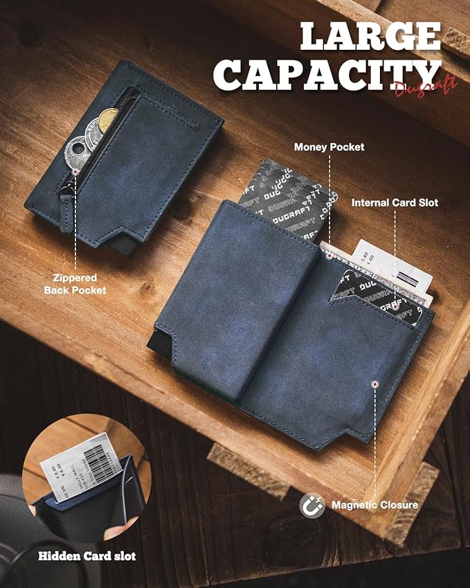 DUGRAFT Bifold Pop Up Wallet for Men, Slim Leather Credit Card Holder with Zipper Minimalist Women Magnetic Cash Coins Pocket Wallets RFID Blocking(Blue)