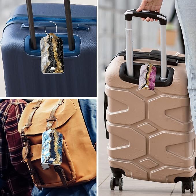 Rimilak 3 Pcs PU Leather Luggage Tags for Suitcase, Travel Cruise Luggage Tag with Privacy Flap, Name ID Label and Metal Loop for Women Men Baggage Handbag School Bag Backpack, Flow Marble