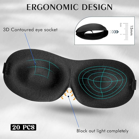 Bonuci 20 Pack Sleep Mask Blackout 3D Eye Mask for Ultralight Sleeping Night Blindfold Eye Covers with Adjustable Strap for Men Women Travel Gift Back and Side Sleeper (Black Bulk)