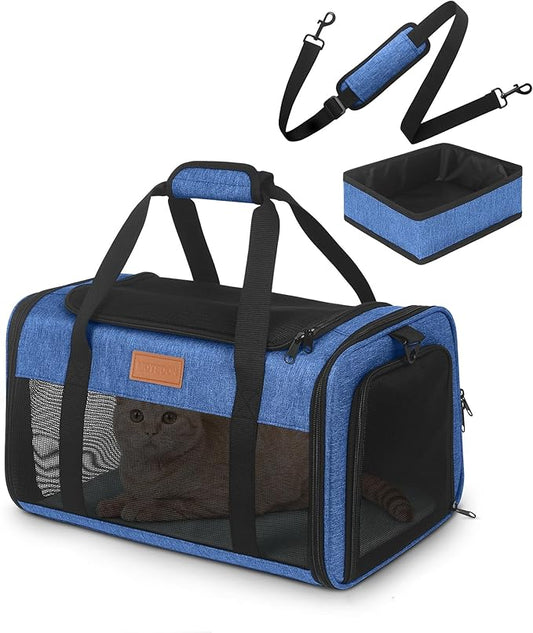 PETUX Cat Travel Carrier with Litter Box - 17"x11"x9.5", TSA Airline Approved, Underseat, Soft Sided Pet Carrier for Small Cats Under 12 lb with Safety Zipper, Anti-Scratch Mesh - Blue