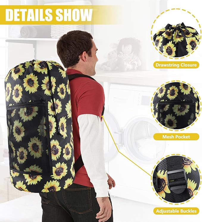 Laundry Bag Backpack, 2PCS Extra Large Travel Laundry Bag with Mesh Pocket & Adjustable Shoulder Straps,Dirty Clothes Travel Bag for College Students Dorm,Apartment(Sunflower)