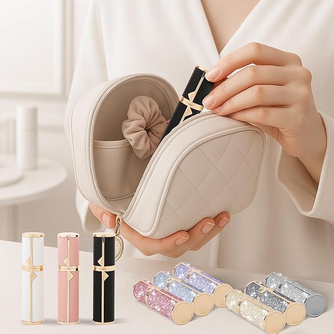 Travel Perfume Bottle Refillable, Sparkle Perfume Atomizer Leak-Proof Portable 5ML Mini Empty Atomizer Sprayer Bottle for Traveling and Outgoing (Jet black- Leather style, 5ML)