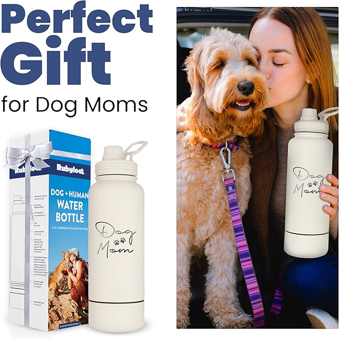 Dog Mom Water Bottle - 32 oz Stainless Steel Double Wall Insulated with 8 oz Detachable Bowl on Bottom - Cool Dog Mom Gifts for Women for Christmas, Birthdays or Gift from The Doggy - DM Cream