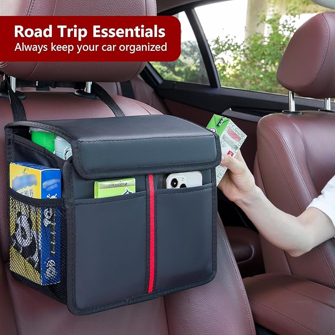 Hanging Car Seat Organizer with Lid - Premium PU Leather Backseat Organizer for Kids & Adults (Black)