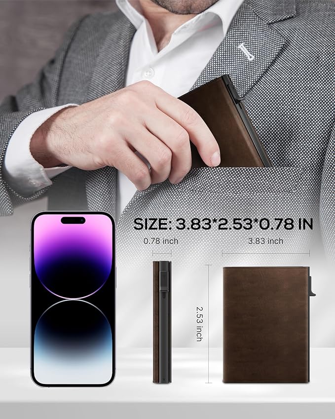 Mens Wallet Card Holder - Smart Wallet for Men, Pop Up Card Case, Top Grain Leather, RFID Blocking, Slim, Minimalist, Ultra-Thin, Front Pocket, 12 Card Capacity | ID Window | Cash Slot (Brown)