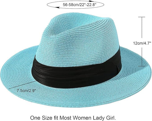 Lanzom Women Wide Brim Straw Panama Roll up Hat Fedora Beach Sun Hat UPF50+