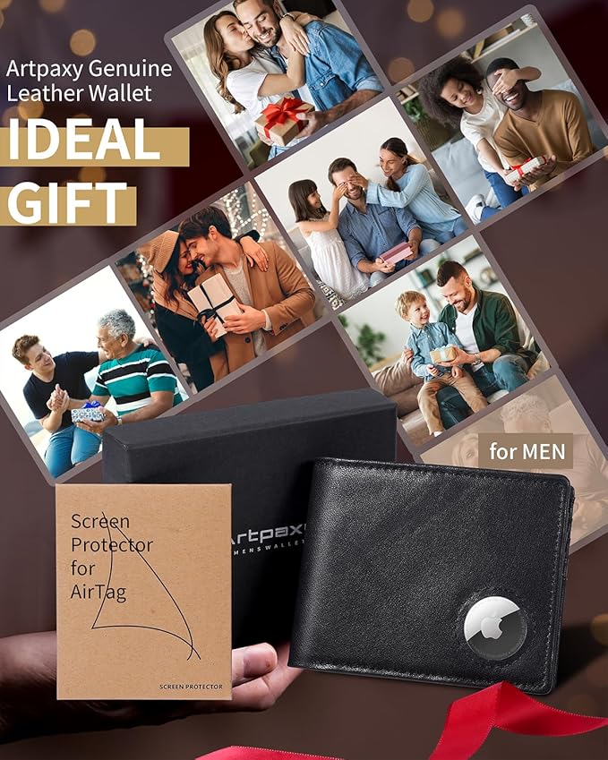Mens Wallet With AirTag Holder, Bifold Leather RFID Blocking 1-2 ID Windows 12-13 Card Holders, Gift Box and Screen Protector Included, AirTag Not Included