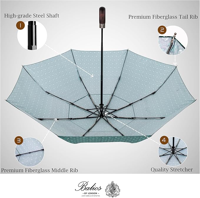 Balios Travel Folding Umbrella with Real Wood Handle Auto Open Close Vented Windproof Canopy - Designed in UK