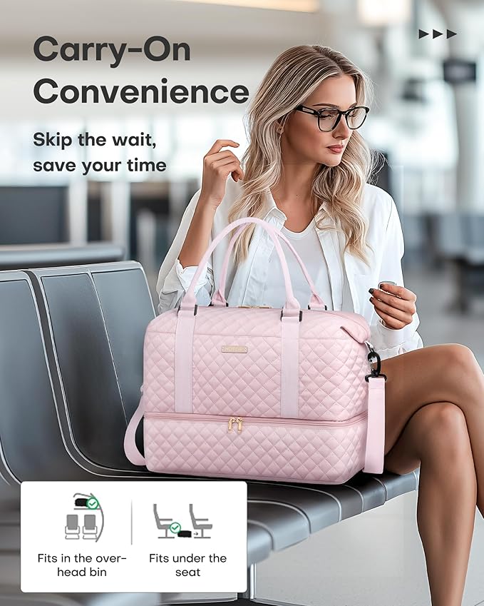HOTOR Travel Duffel Bag - Weekender Bags for Women, Carry On Overnight Bag with Shoe Compartment, with Toiletry Bag for Travel Essentials and Travel Accessories, Pink, 13.4"×17.3"×7.9"
