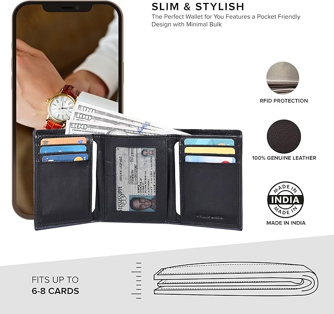 Tri fold Leather Wallet for Men with RFID | Slim Wallets for Men with 1 ID and 6 Credit card slots | Front Pocket Minimalist