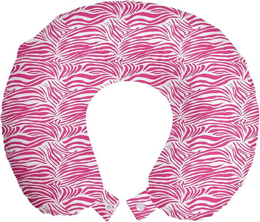 Ambesonne Zebra Print Travel Pillow Neck Rest, Striped Zebra Animal Skin Pattern in Vivid Color Fun Art Print, Memory Foam Traveling Accessory for Airplane and Car, 12", Pink Black